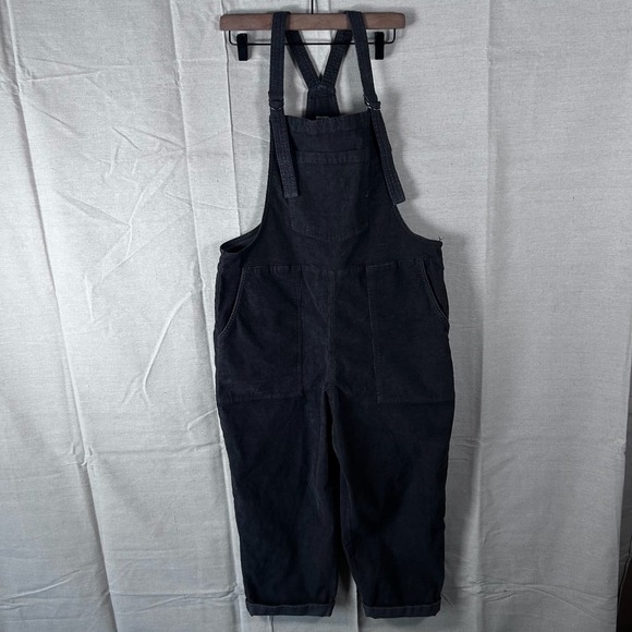 aerie Denim - Aerie Charcoal Grey Corduroy Relaxed Overalls Large Bib Pocket Straight Leg